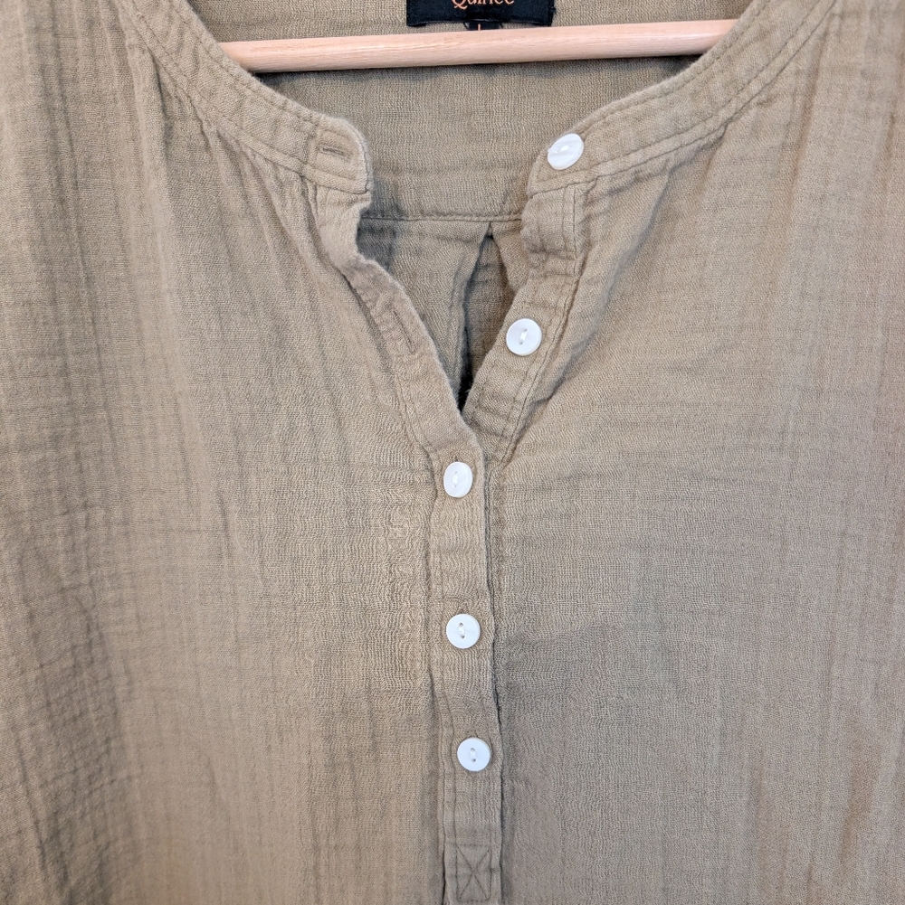 Quince 100% Organic Cotton Shirt Womens Large Green Gauze Short Roll Sleeves - Picture 2 of 9